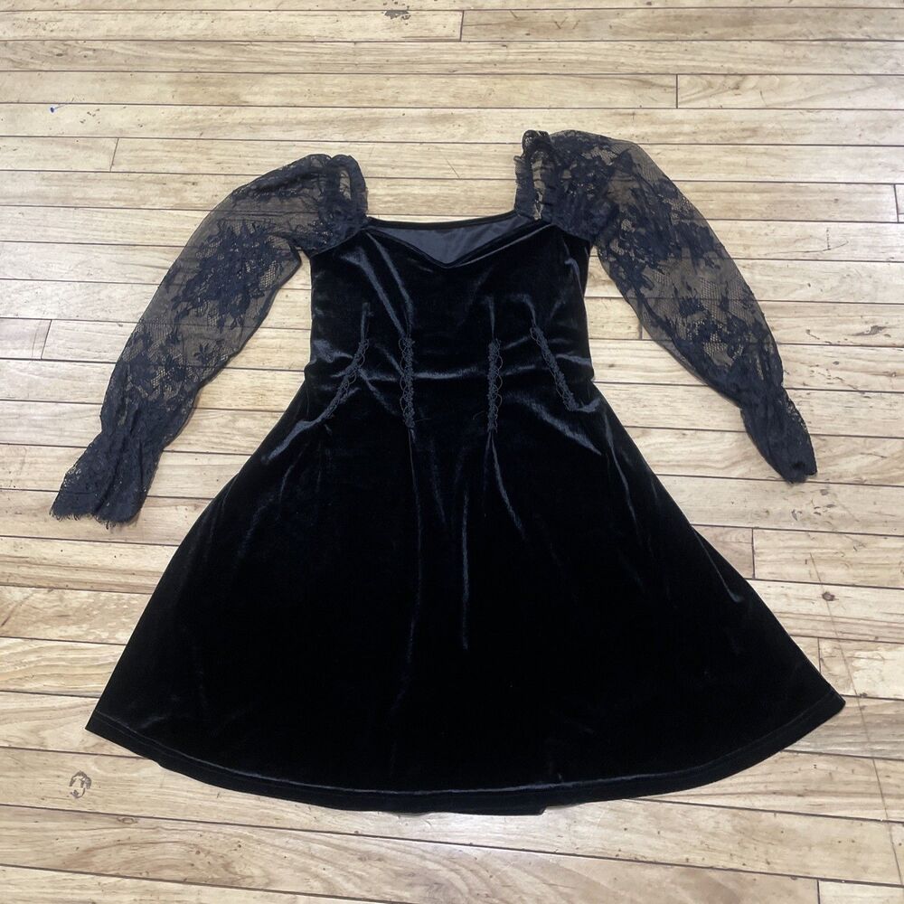 Whimsigoth Witch Black Velvet Velour Dress Women M Y2k Fairy Long Sleeve Sheer